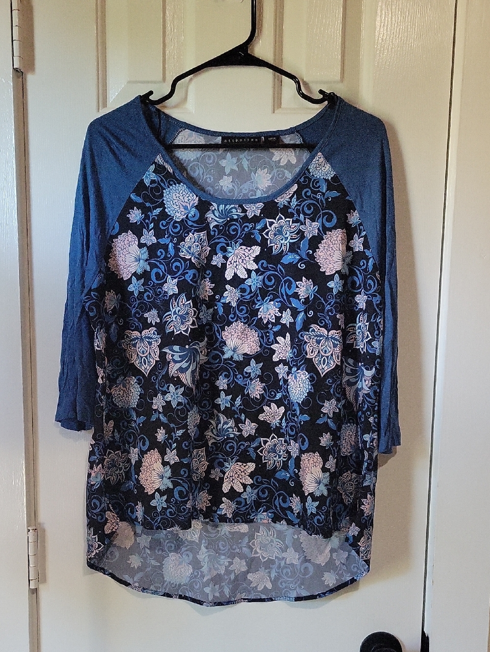 attention Blue Floral Raglan Long Sleeve Top